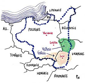 Localisation de la Volhynie et de la Galicie, par rapport aux frontières de la Pologne actuelle (en noir), et aux frontières de la Pologne entre 1921 et 1939 (en bleu). Carte Antoine Prisset-Hugues.